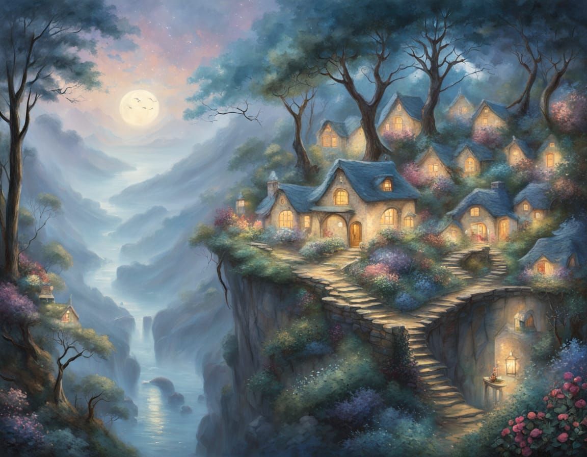 Softly covered Snow dusts Ancient multistorey hut on the top of a colossal cliff amidst foggy whimsical forest, cobblestones...