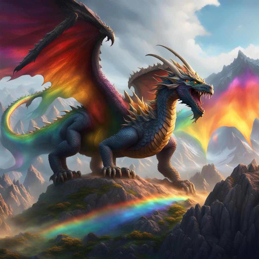 a powerful dragon using rainbows to destroy a mountain