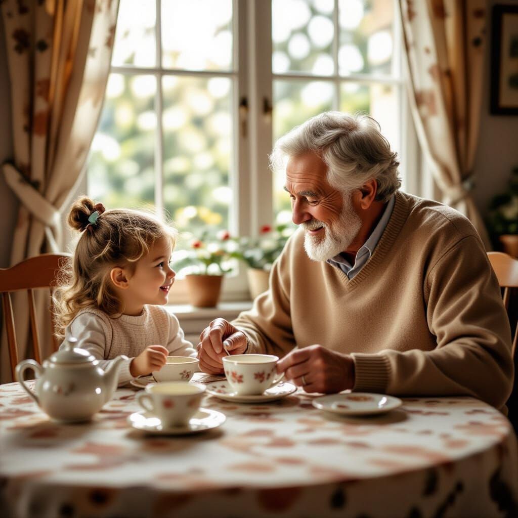 A grandparent is playing tea with his grandaughter.  Photorealistic, masterpiece, best quality  by @Josh