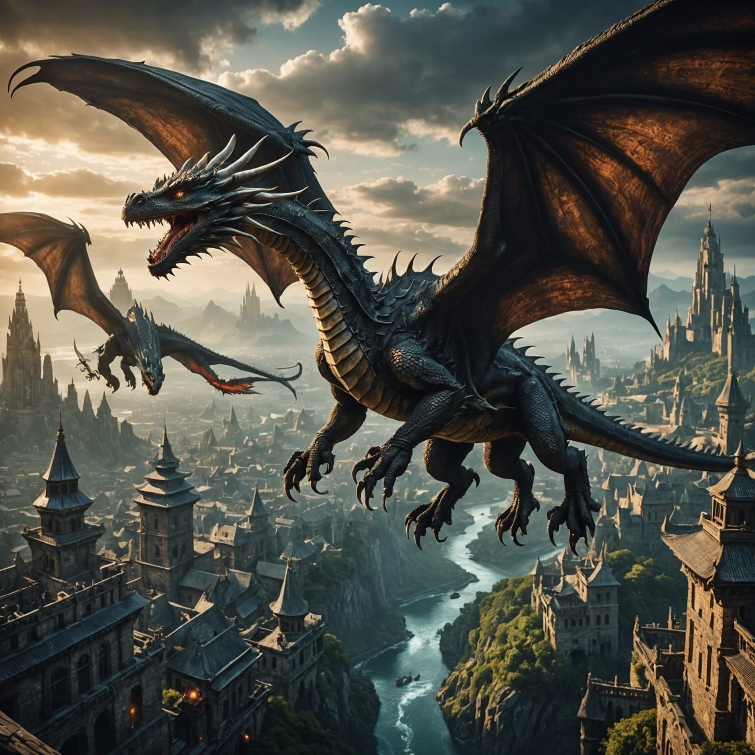 Dragons Fly in Hyperrealistic Otherworldly Landscape