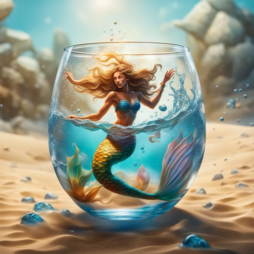 a pretty mermaid swimming inside a glass