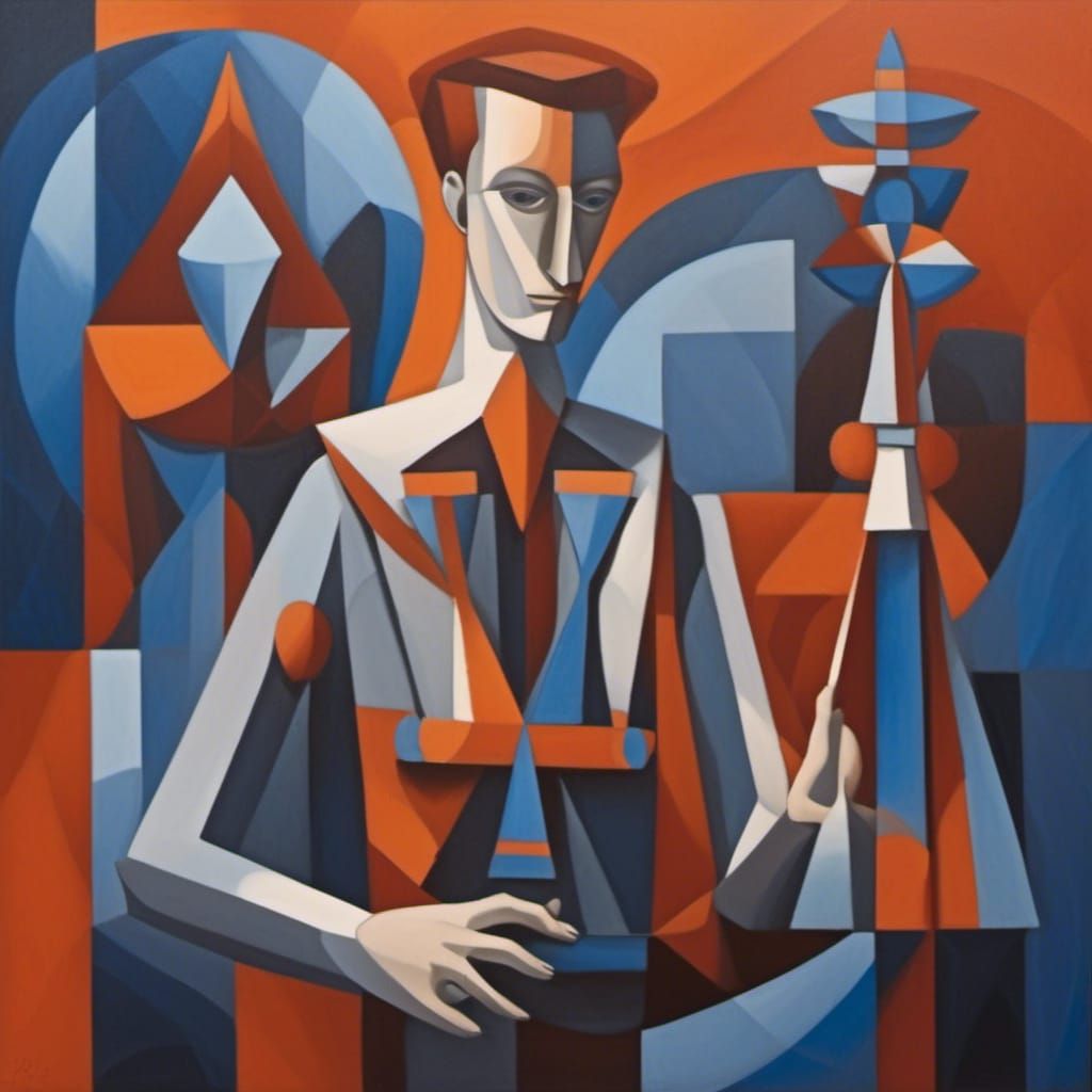 Cubist Man holding large hourglass