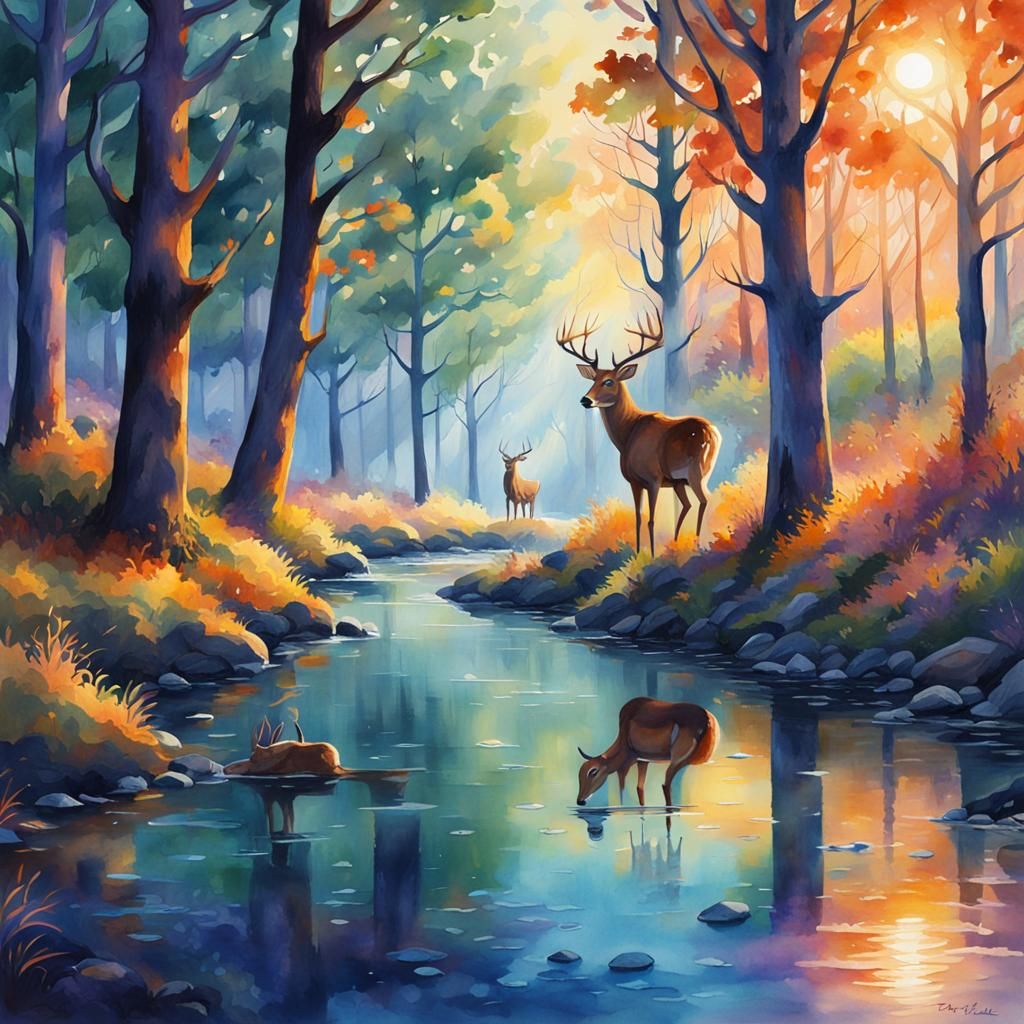 Deer Drinking: Watercolor Gouache Matte Painting