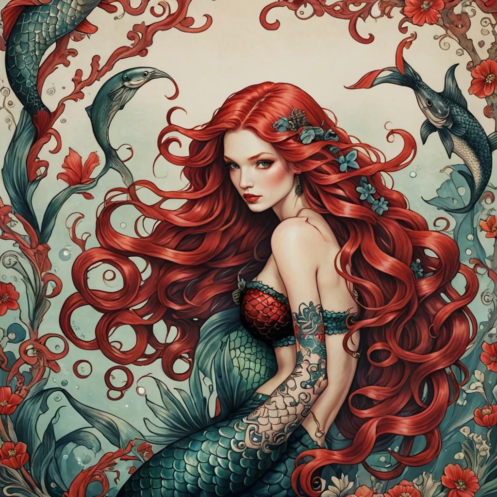 Mermaid with long red curls and tattoos