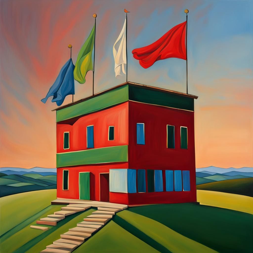 A  red building on top of a green hill,blue sky at sunset be...