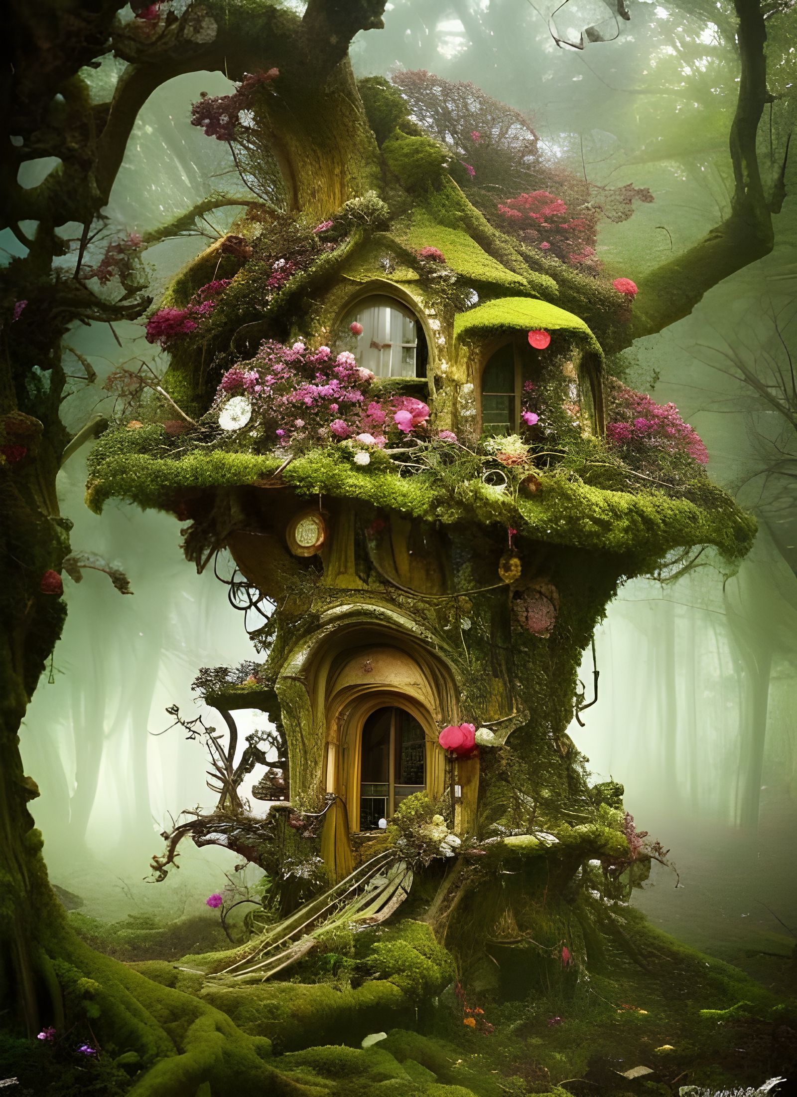  intricate faerie home inside a giant gnarled oak decorated with flowers