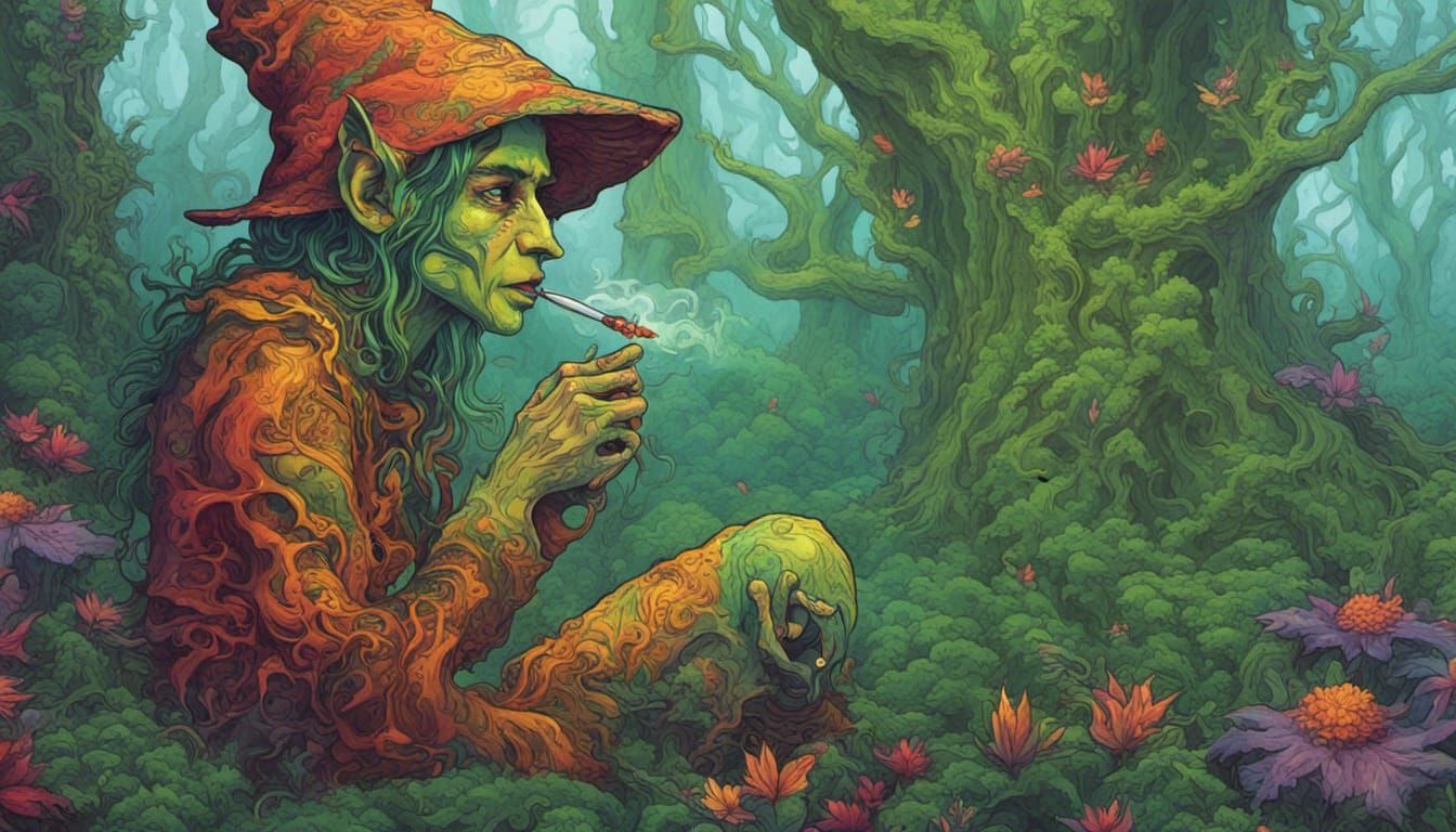 a psychedelic pot smoking forest elf