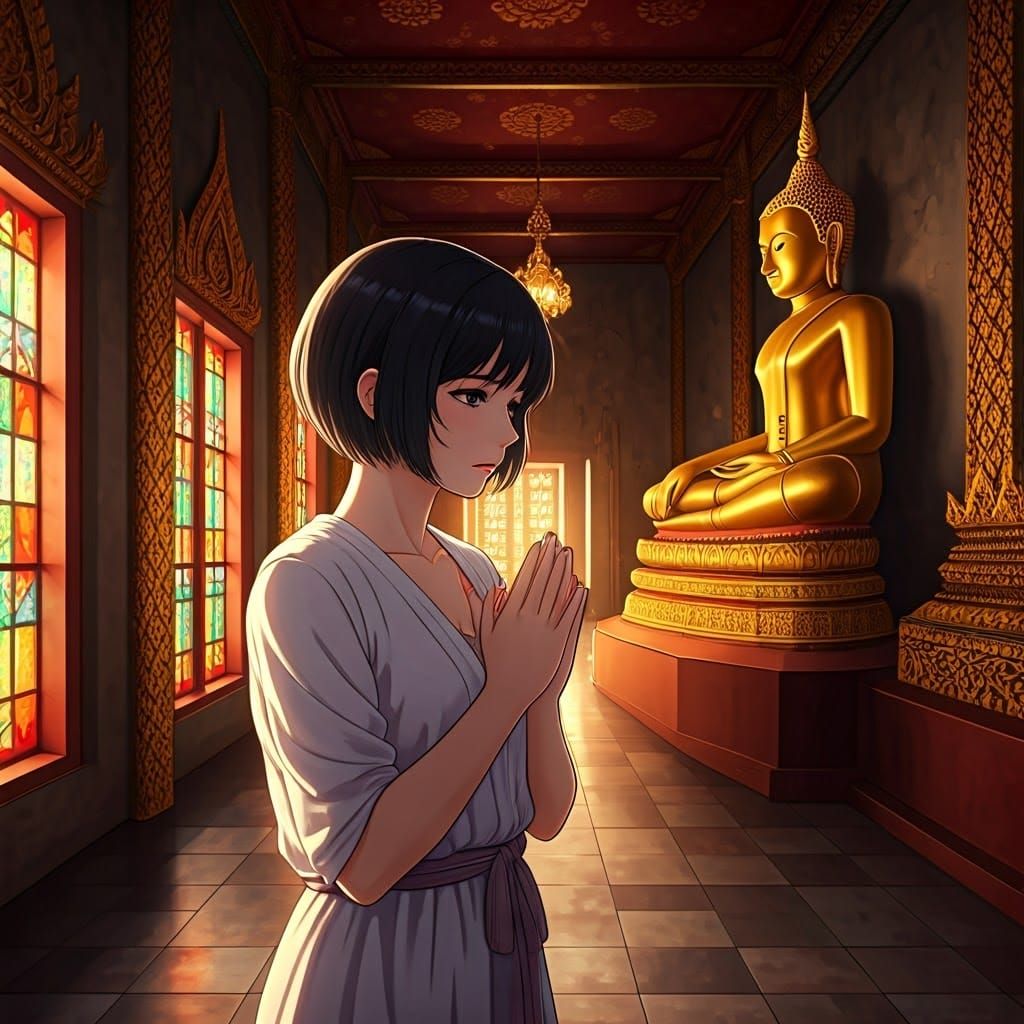 Solemn Anime Woman in Traditional Thai Temple
