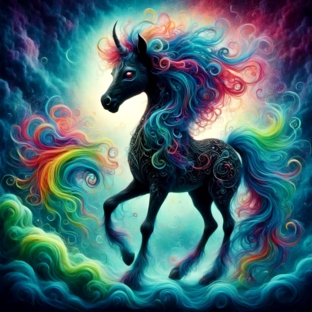 A chibi black winged foal, white mane and tail, watercolor cartoon sitting on a blue, green and pink  a cloud, filigree and hearts, offset,...