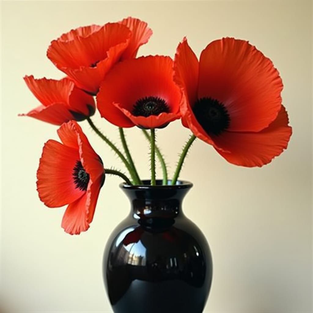 Red poppy Flowers in a black vase