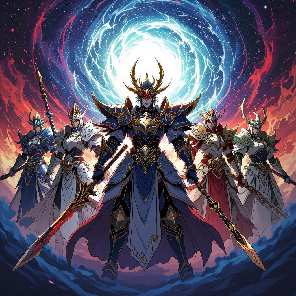 Epic Anime Generals in Cosmic Vortex Style