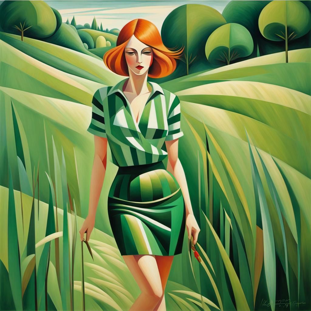 A woman wearing green stripes