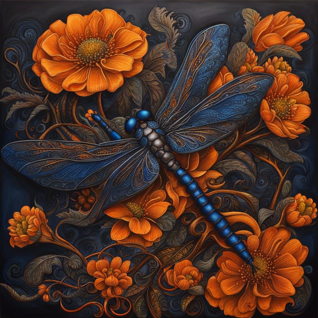 Blue and Bronze Dragon Fly flying over orange flowers  by @Night owl