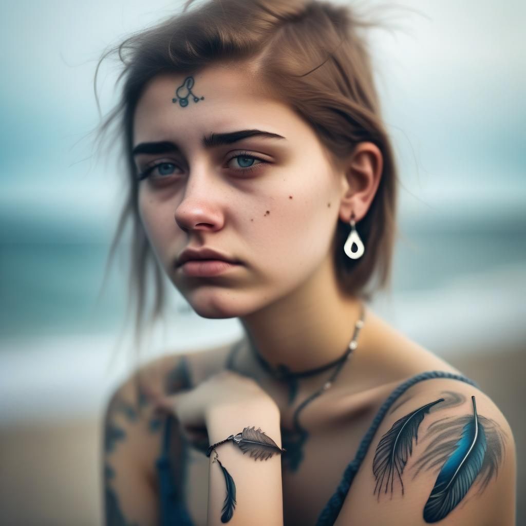 A sad girl alone on the cold beach #03
