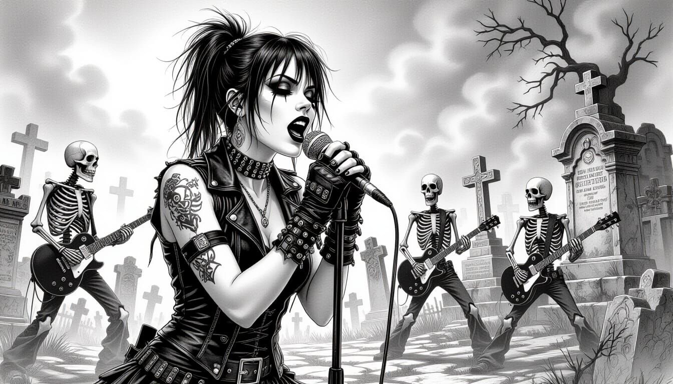 Gothic Punk Rock Woman in Cemetery Sketch