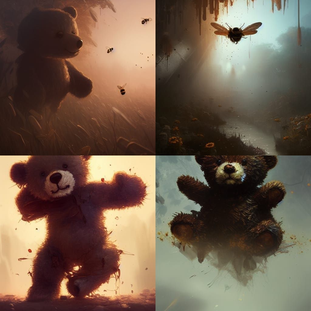 Tattered teddy bear stung by bee a masterpiece, 8k resolutio...