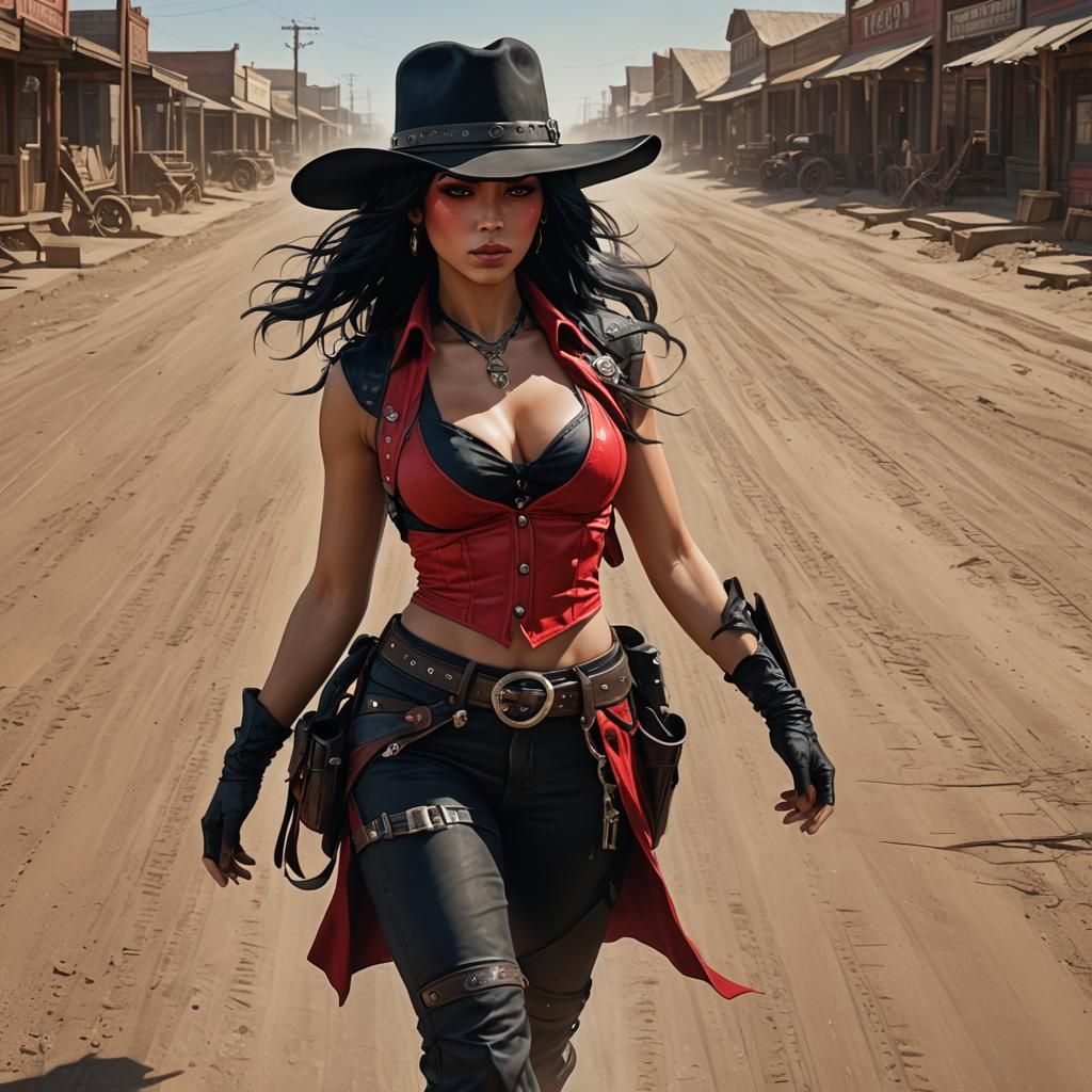 Female gunslinger , wearing a mix of red and black cowboy ou...