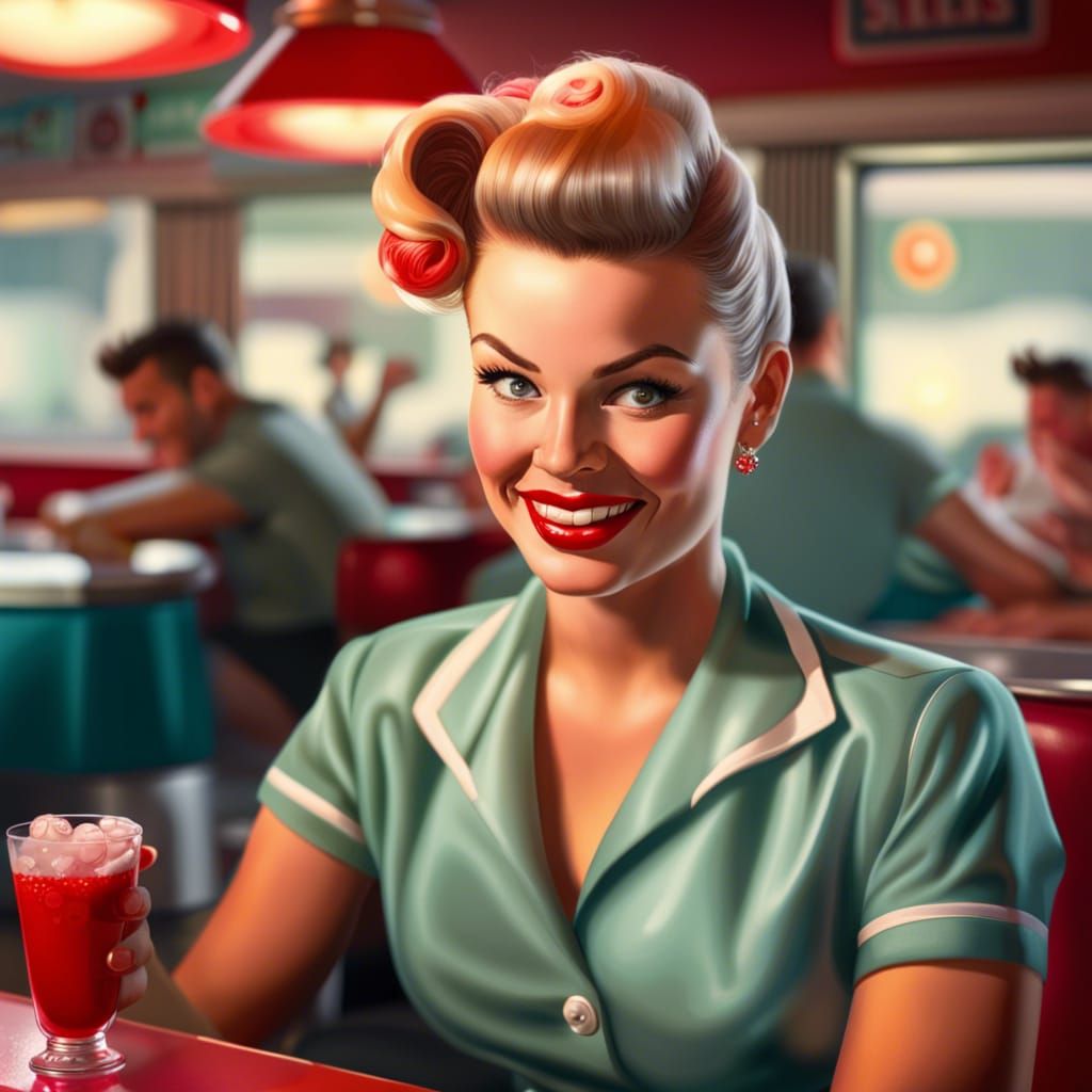 A woman in a swing dress in a 1950s diner, her hair done in victory ...