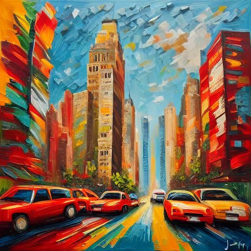 <lora:Impasto15:1.0>  busy streets in New York sunny day bold color colorful vibrant 