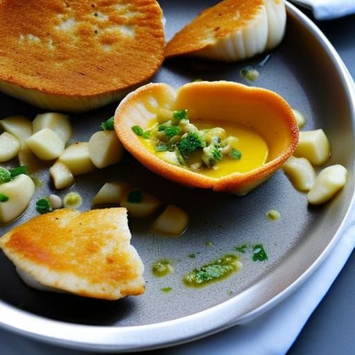 a cat nest to a plate of scallops in butter