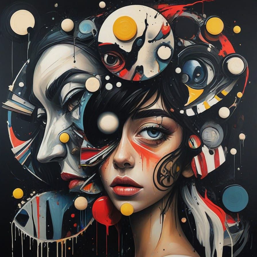 "In this surreal, anime-inspired scene, fragmented faces dissolve into swirling abstract shapes, with eyes reflecting hidden stories. The ch...