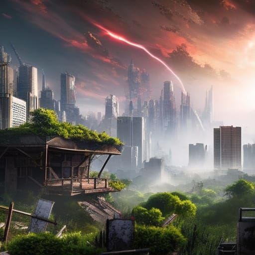 Post apocalyptic style, city with a lot of vegetation, abandoned city, no clouds, HD, 8k, anime style, ...  by @Emina daju