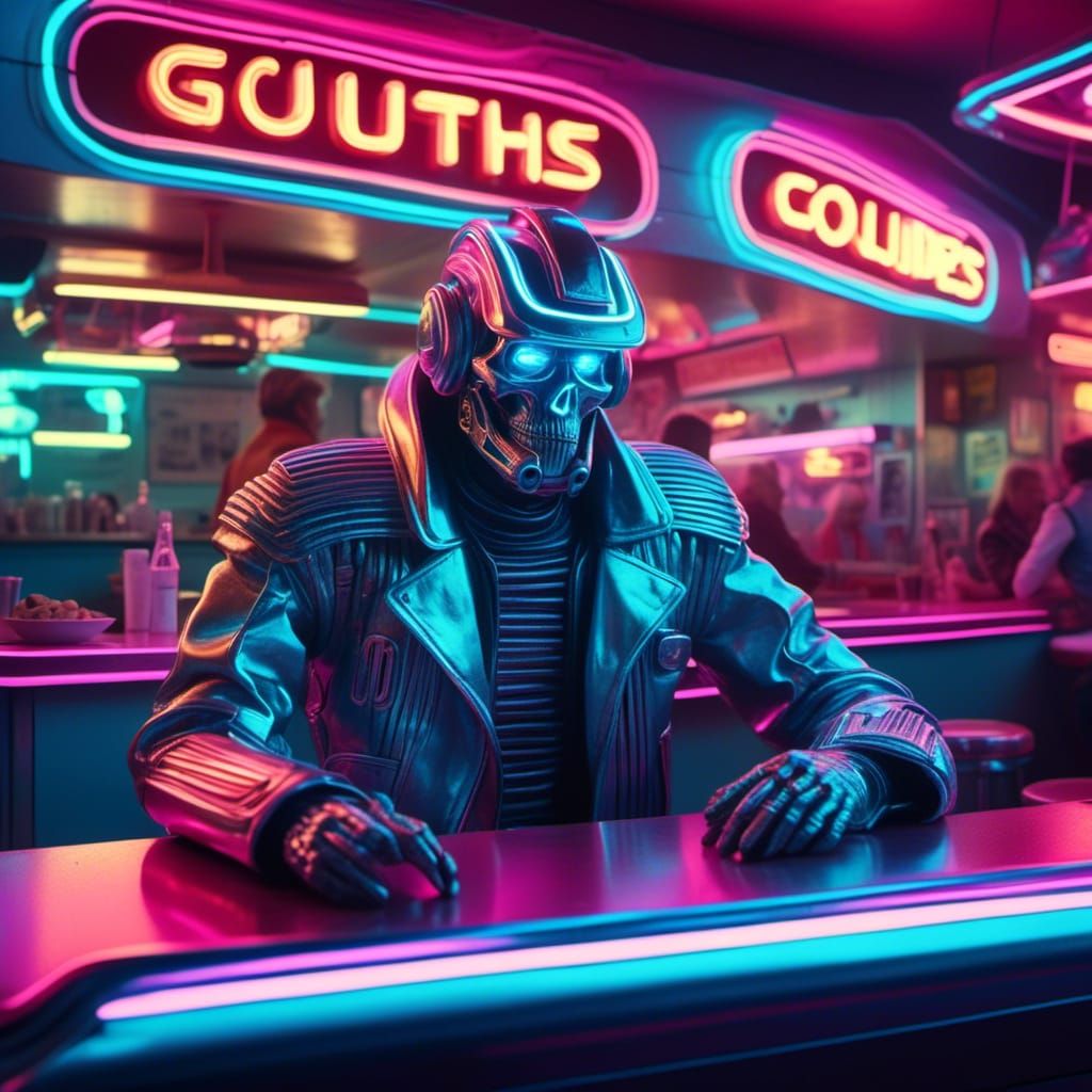  <lora:Cyber Vaporwave:1.0> neon cyberpunk diner remembering the 80's in a futuristic retro fashion, 
