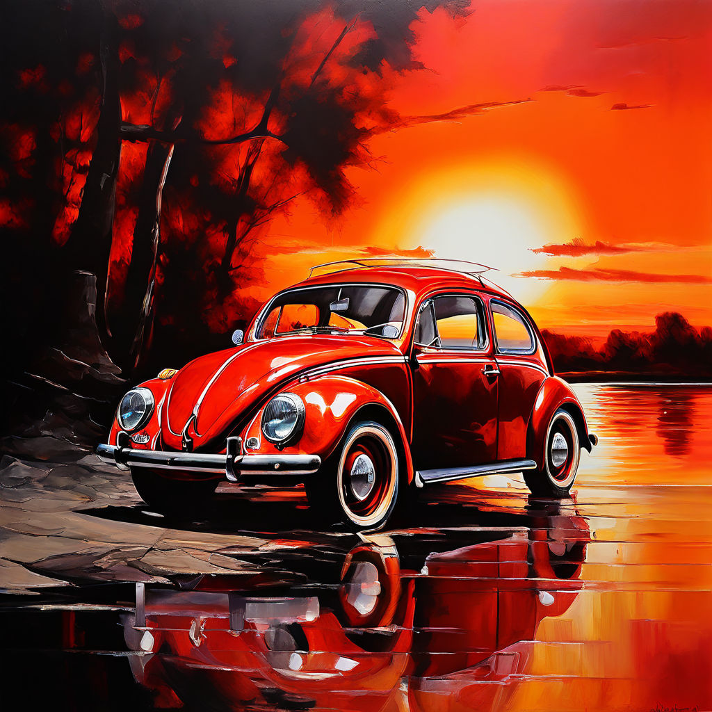 A red VW beetle by sea at sunset