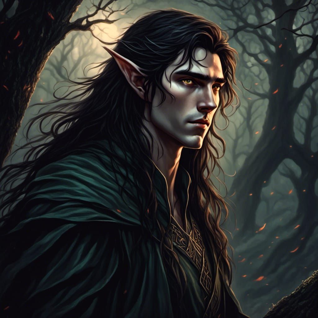 Portrait of a young elf male with long auburn flowing hair, dark sky ...