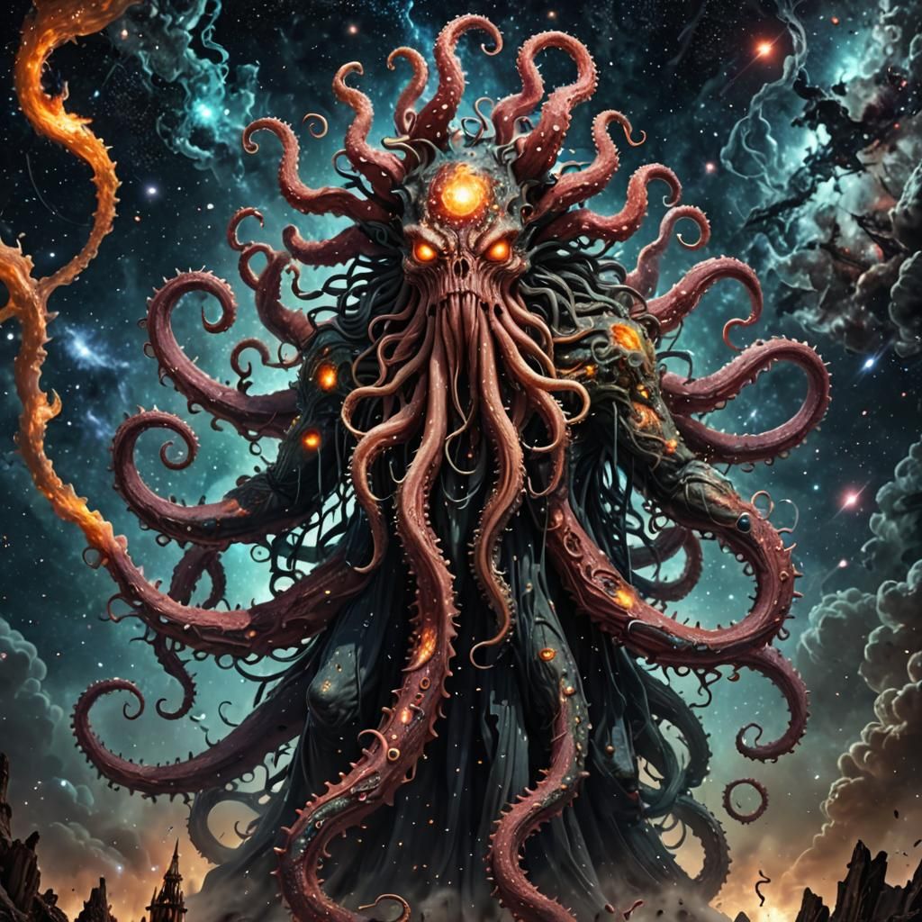 Lovecratian Cosmic Monstruous Deity With Tentacles Falling From The Sky Background With 4597