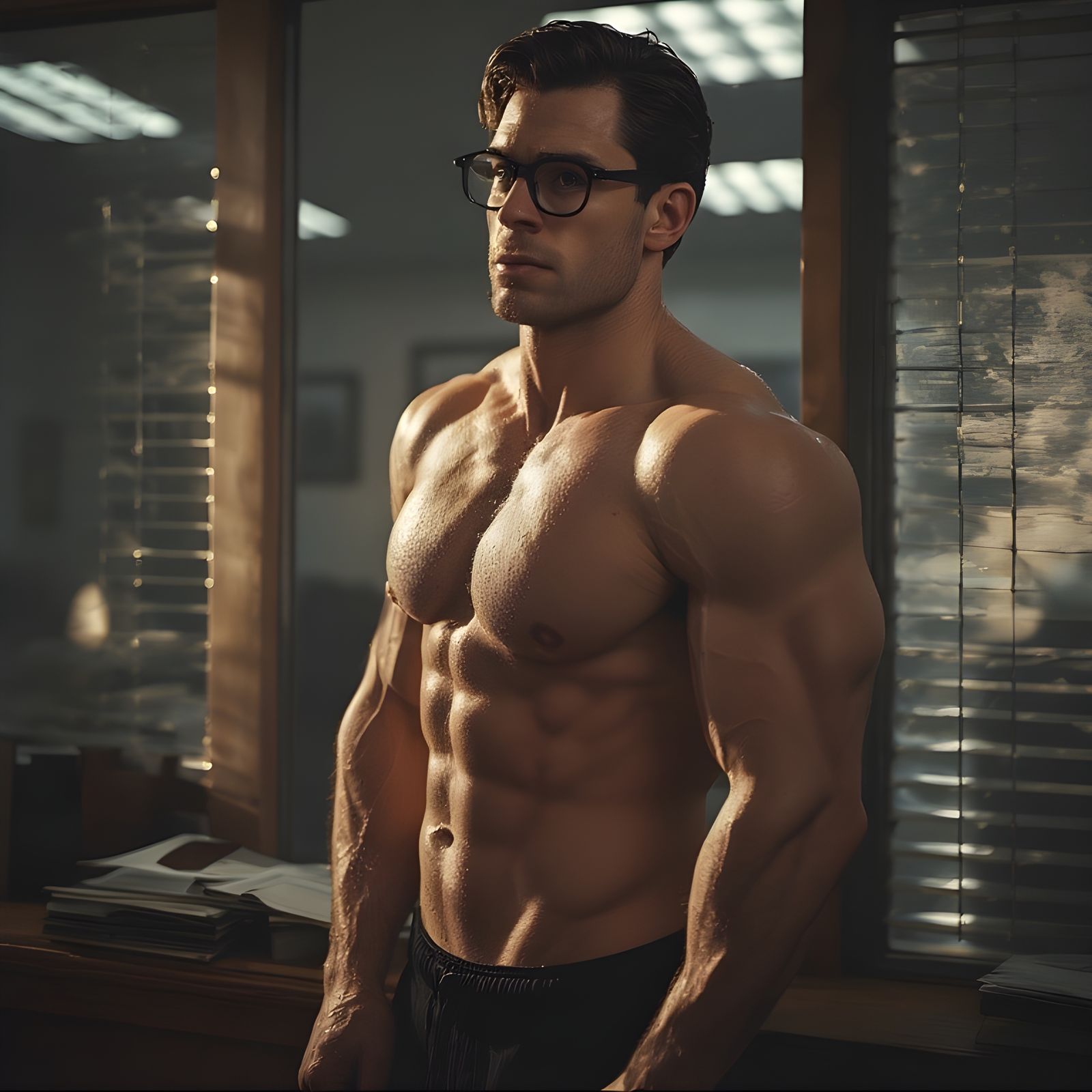 Clark Kent shirtless in office