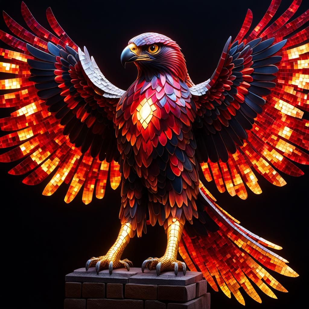 a giant glowing hawk made of mosaic glowing glass of differe...