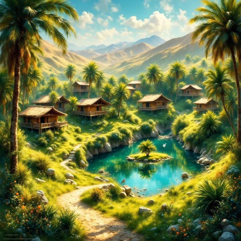 <lora:EtherealVisionsFlux:1.0> The oasis colored the heart of the desert, a splash of life in a wasteland.
Palm trees rose from verdant gras...