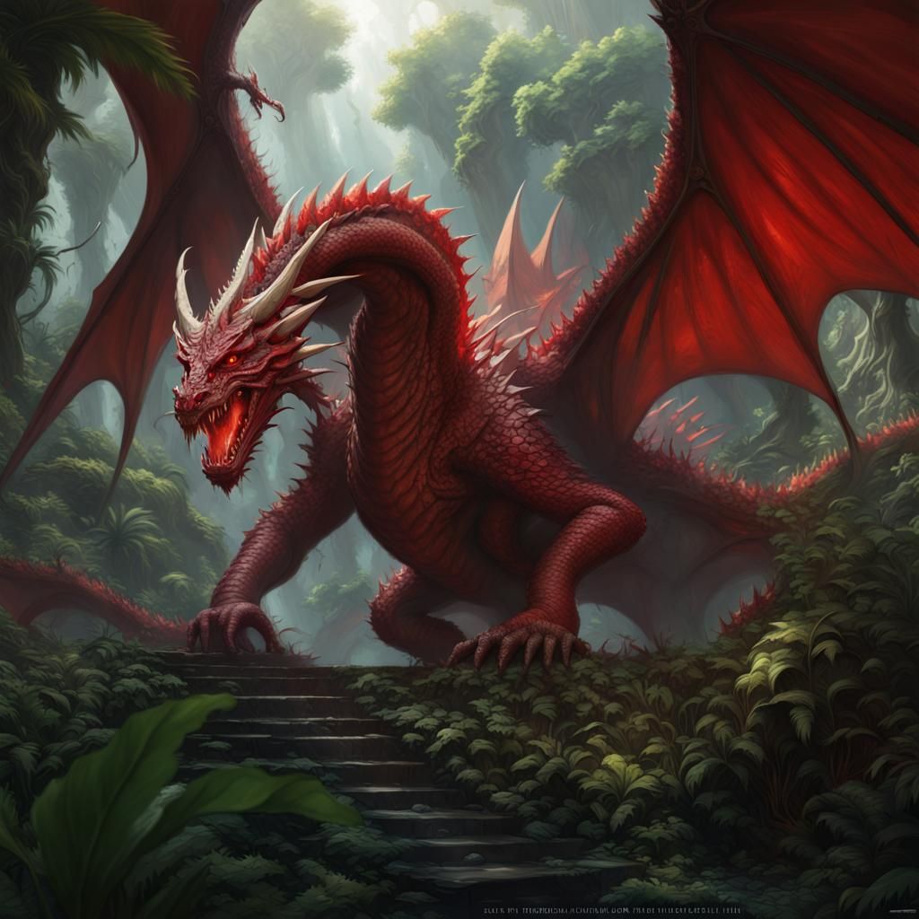 Dungeons and dragons, a huge red dragon that is going out fr...