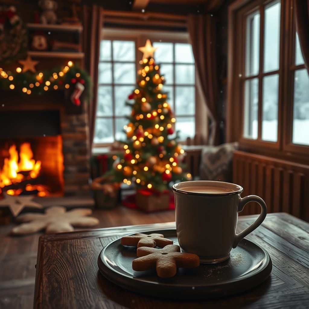 A photorealistic Christmas scene in a cottage. Snow falling outside the window  by @Heidi B