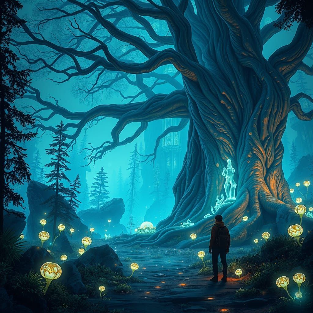 Lone Traveler Explores Bioluminescent Forest With Ancient Tr...