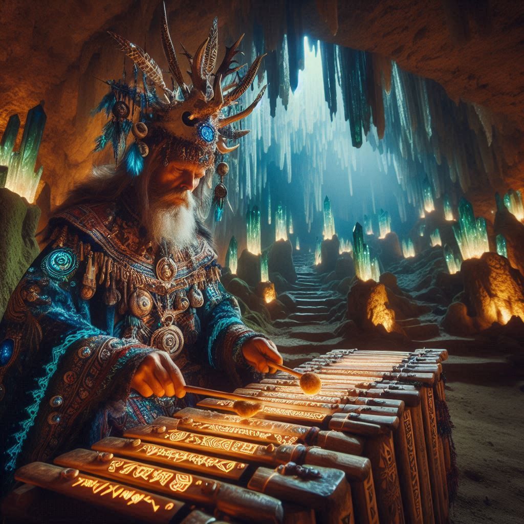 magician playing xylophone in the cave