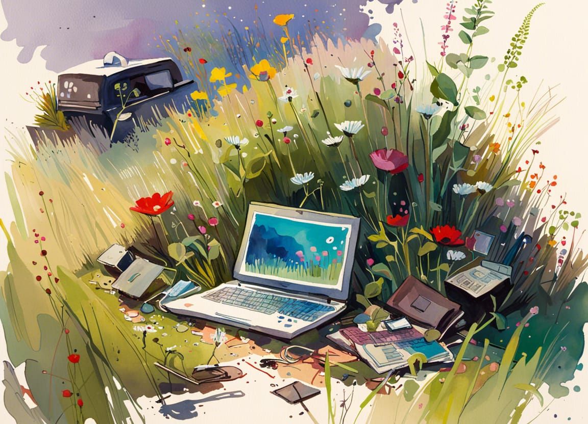 Watercolour. An open laptop is lying in the trash and grass ...