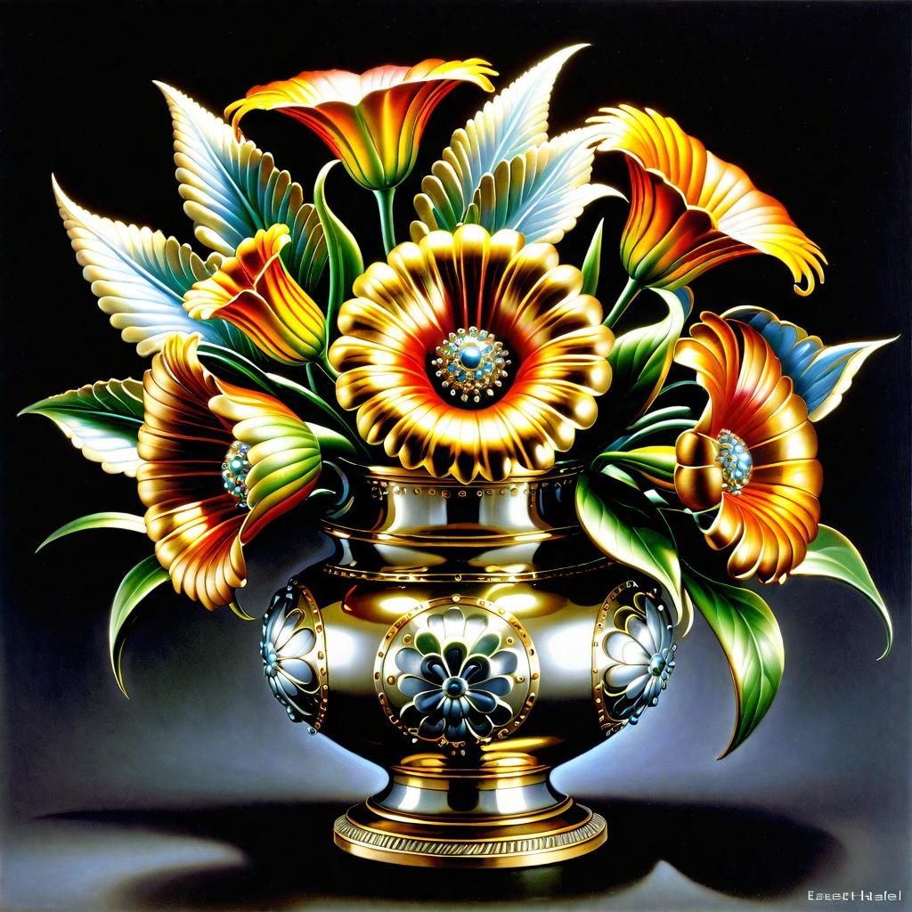 a painting of a metallic flower bouquet in a Metallic vase