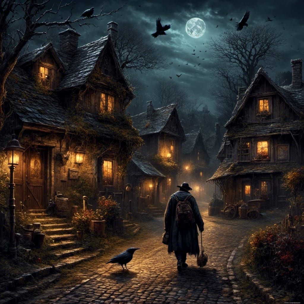 Hobo Crow walking through an european village at night<lora:EffenMetalXL:1.0> 