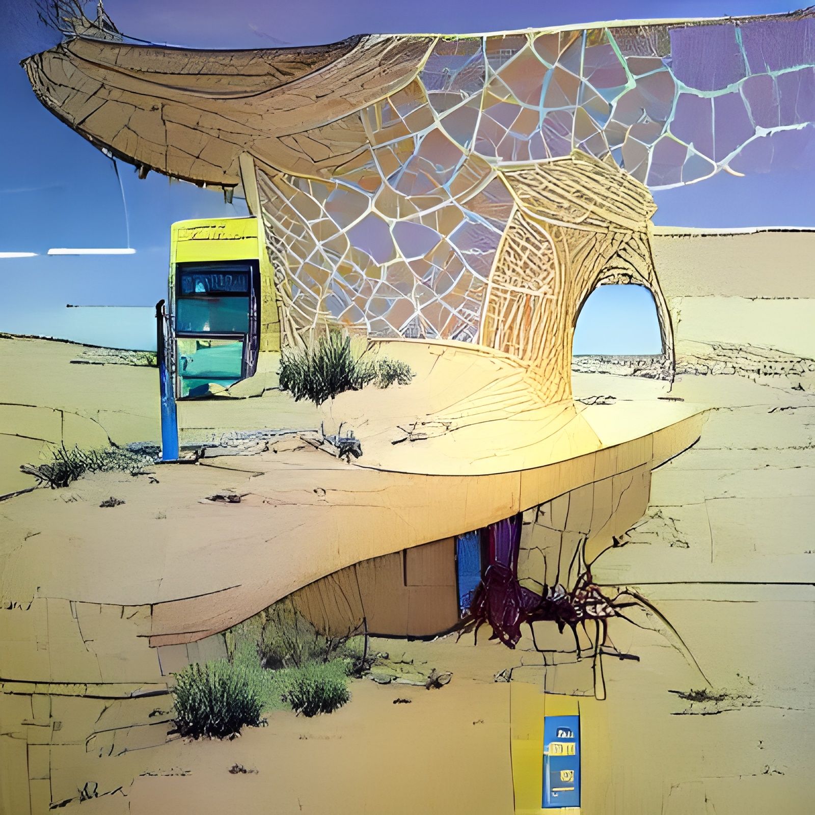 a bus stop in the desert by Moebius
