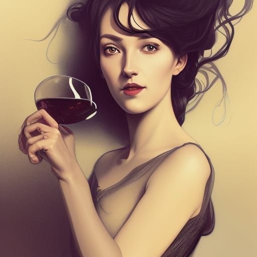 a beautiful women wearing a long black tight dress drinking wine AI