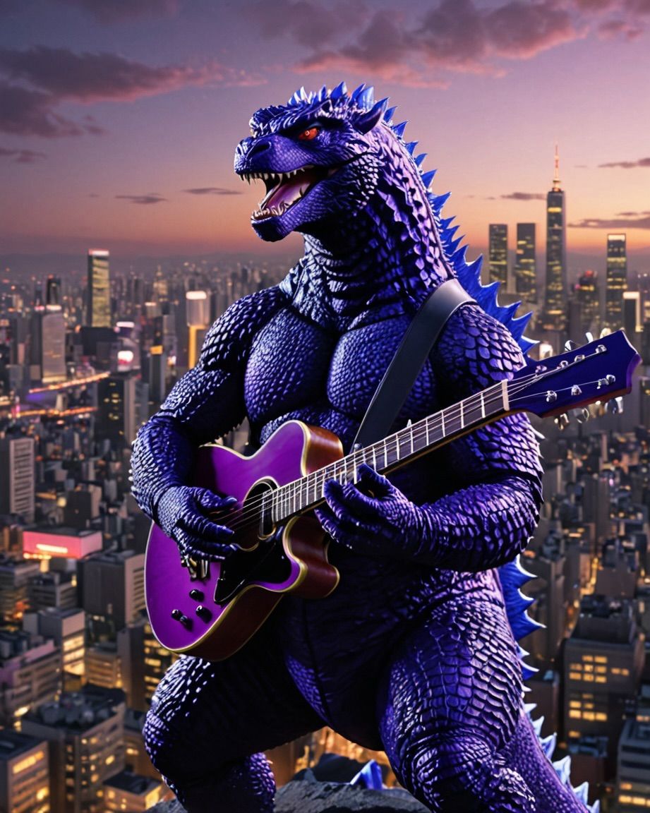 GODZILLA PLAYS AN ACOUSTIC GUITAR. TOKYO.