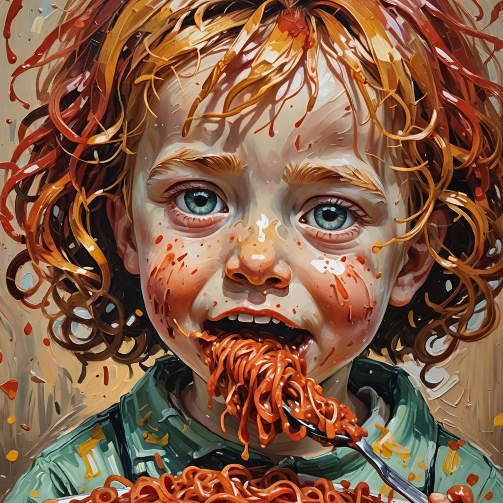 ילד קטן אוכל פסטה אדומה ומתלכלך בחמידות ילד יפה