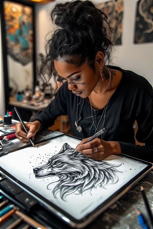 A black Egyptian female tattoo artist is meticulously crafti...