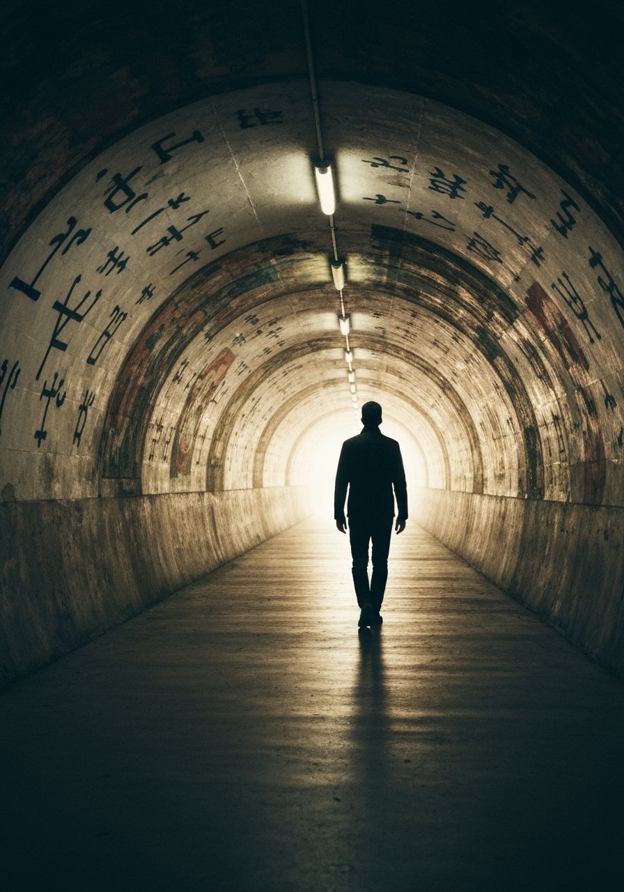 Person Radiating Light in Dark Tunnel