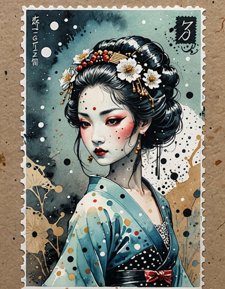 Faux postage with perforated edges. Geisha ballerina Surreal...
