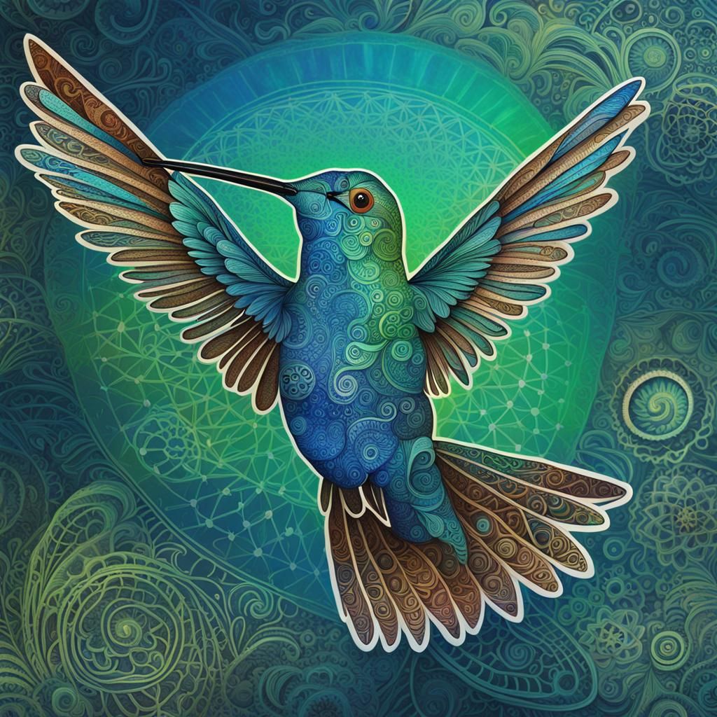 zentangle blue hummingbird with green and brown background