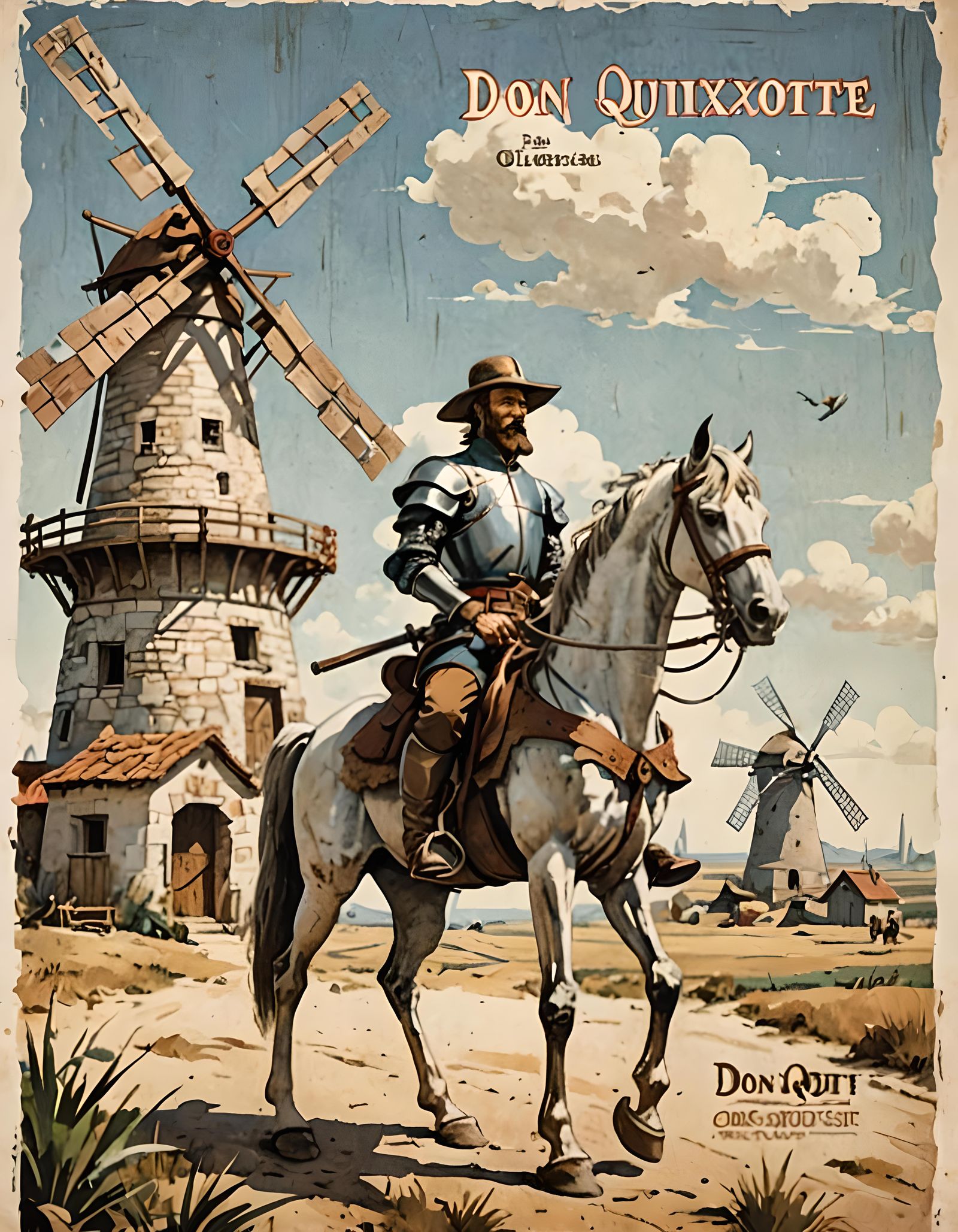 A poster of Don Quixote on his horse holding his Wooden sword in one hand while looking at the WINDMILL ...  by @WilliamRoots
