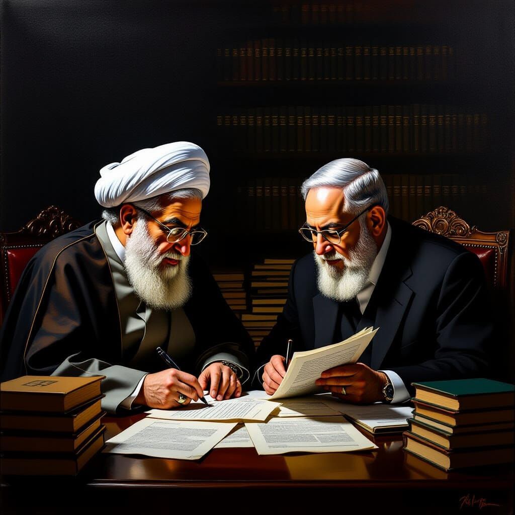 Political Leaders Study Together in Dramatic Oil Painting